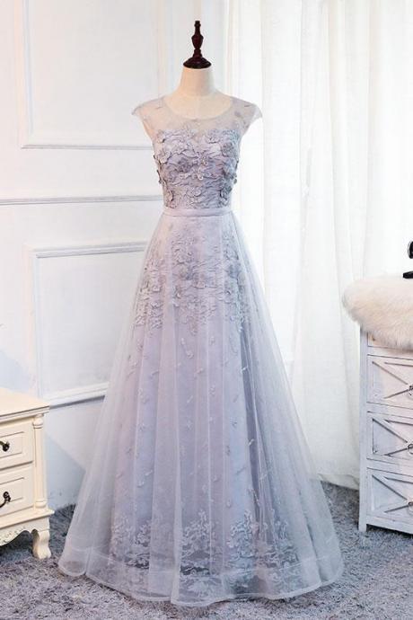Gray Cap Sleeve Applique Lace Prom Dress,a-line Gray Evening Dress