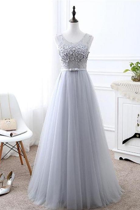 Gray Round Neck Applique Flower Beaded Long Prom Dress,gray Tulle Bridesmaid Dress