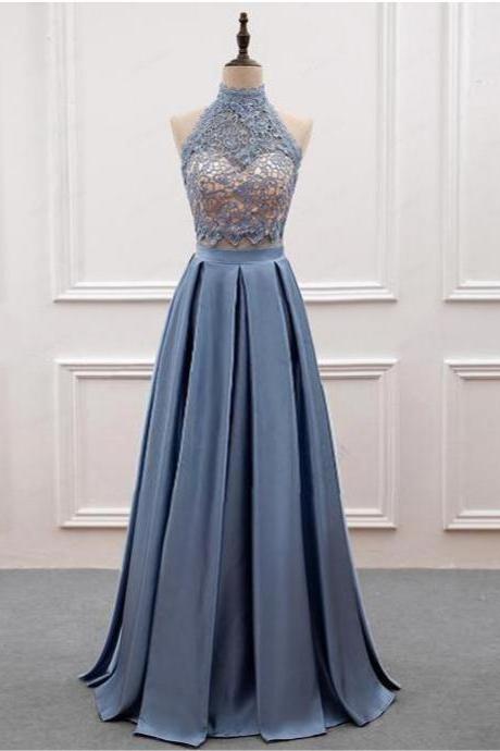 Two Piece Blue High Neck Lace Bodice Prom Dress,a-line Floor-length Formal Dress
