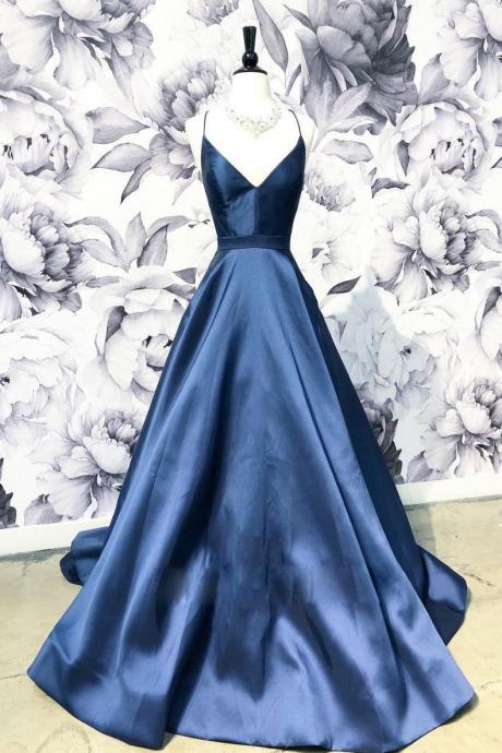 Simple V Neck Dark Blue Long Prom Dress,blue Evening Dress