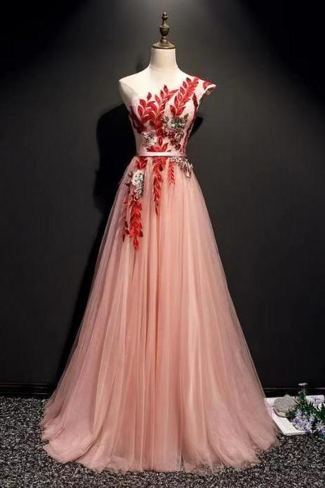 Long Pink Prom Dress,one Shoulder Party Dress,chic Tulle Evening Dress With Applique