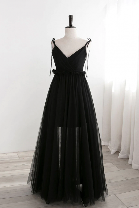 Spaghetti Strap A-line Prom Dresses,black Tulle Long Prom Dresses, Black Sexy Evening Dresses