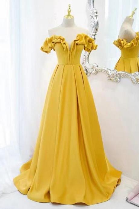 Long Yellow Prom Dress, Off Shoulder Fashionable Temperament Party Dress