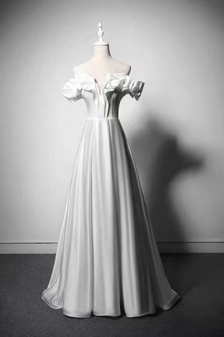 Off Shoulder Pompous Wedding Dress ,simple Evening Dress, Satin Evening Dress
