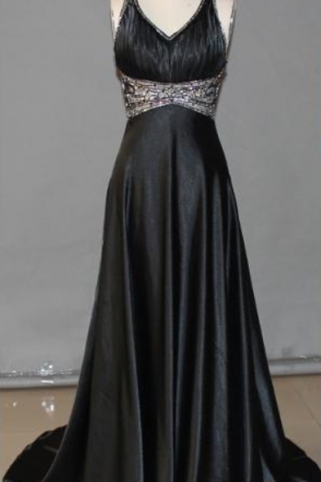 High Quality Prom Dress,Satin Prom Dress,A-Line Prom Dress,Beading Prom Dress,V-Neck Prom Dress