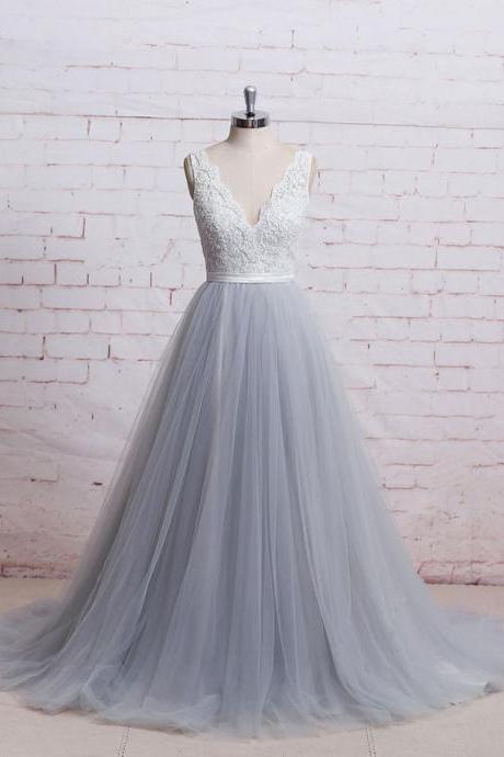 V-neck Tulle Formal Prom Dress, Modest Beautiful Long Prom Dress, Banquet Party Dress