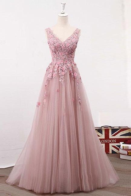 V Neck Lace Tulle Sexy Formal Prom Dress, Beautiful Long Prom Dress, Banquet Party Dress