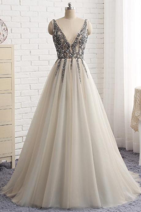 Sexy Deep V Neck Formal Prom Dress, Beautiful Long Prom Dress, Banquet Party Dress