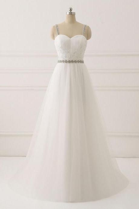 Elegant Straps Sweetheart Tulle A-line Formal Prom Dress, Beautiful Long Prom Dress, Banquet Party Dress