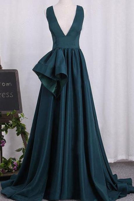 Elegant Sleeveless Satin V-neck Formal Prom Dress, Beautiful Long Prom Dress, Banquet Party Dress
