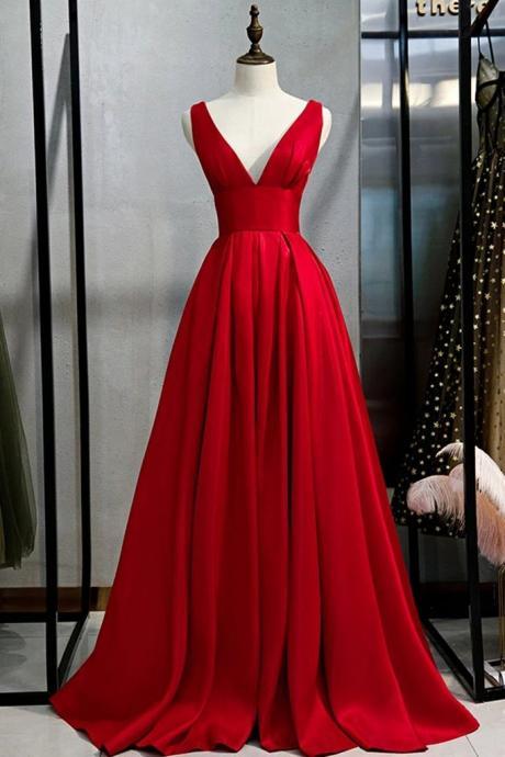 Elegant Sleeveless Satin Simple A Line V Neck And V Back Formal Prom Dress, Beautiful Long Prom Dress, Banquet Party Dress