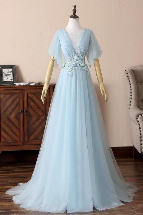 Elegant Deep V Neck Open Back Short Sleeves Formal Prom Dress, Beautiful Long Prom Dress, Banquet Party Dress