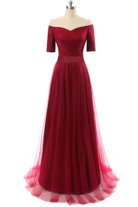Elegant Short Sleeve A Line Formal Prom Dress, Beautiful Long Prom Dress, Banquet Party Dress
