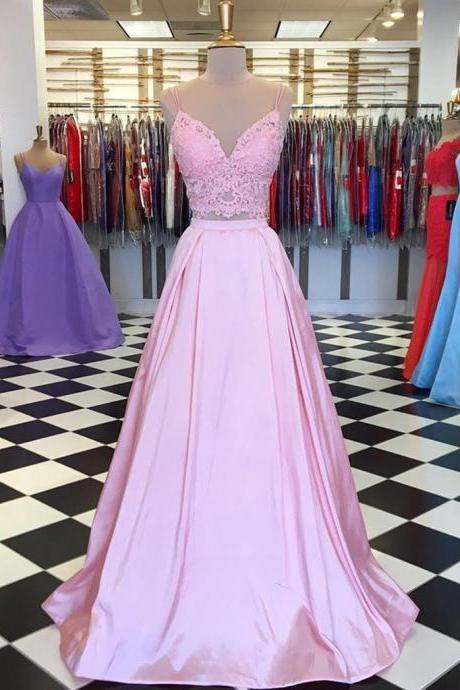 Elegant A Line V Neck Two Pieces Lace Top Satin Formal Prom Dress, Beautiful Long Prom Dress, Banquet Party Dress