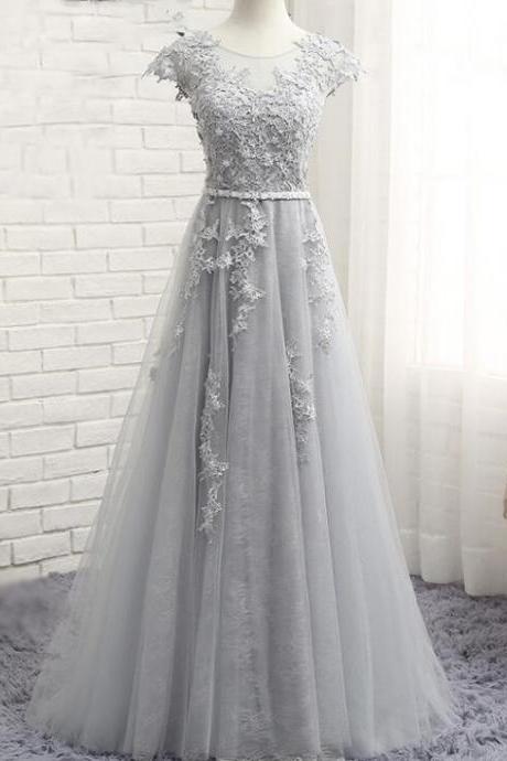 Elegant A Line Scoop Cap Sleeves Tulle Formal Prom Dress, Beautiful Long Prom Dress, Banquet Party Dress