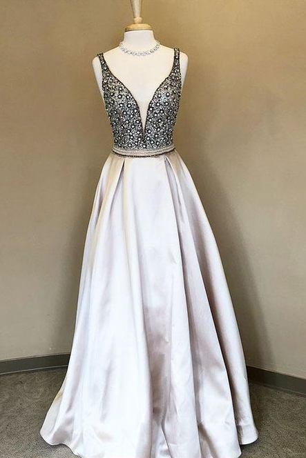 Elegant Glamorous A-line V-neck Sleeveless Formal Prom Dress, Beautiful Long Prom Dress, Banquet Party Dress