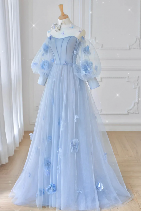Elegant Long Sleeves With Flowers Tulle Formal Prom Dress, Beautiful Long Prom Dress, Banquet Party Dress