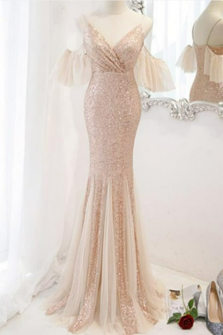 Prom Dresses Sequins And Tulle Mermaid Long Party Dress Prom Dress, Off Shoulder Formal Dresses