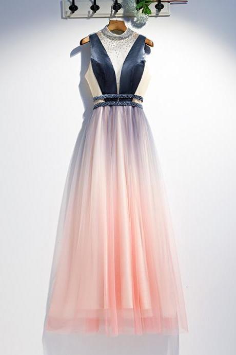 High Neck Evening Dress Elegant Sleeveless Beads Floor-length Backless Tulle A-line Plus Size Women Formal Party Gown