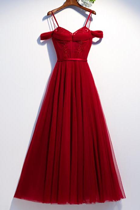 Evening Dress Red Elegant Boat Neck Simple Floor-length Spaghetti Strap A-line Tulle Plus Size Women Formal Party Gown