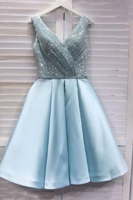 Party Dresses Sky Blue Shiny Sequins V-neck Sequins Satin A-line Tea-length Pleat Plus size Lace up Women Prom Gowns