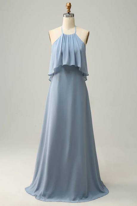A Line Halter Neck Blue Long Bridesmaid Dress, Beautiful Long Prom Dress, Party Dress