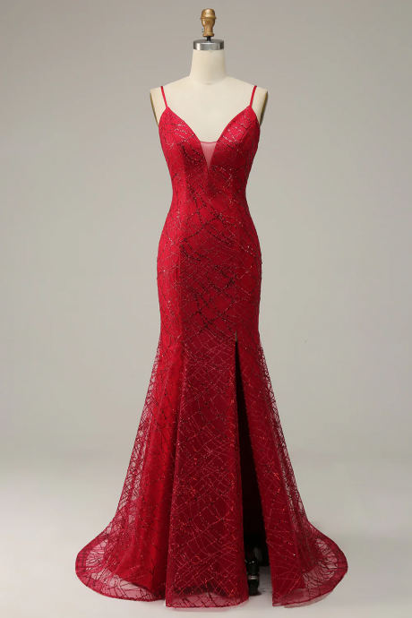 Dark Red Spaghetti Straps Mermaid Prom Dress With Slit Evening Dress Wedding Dress