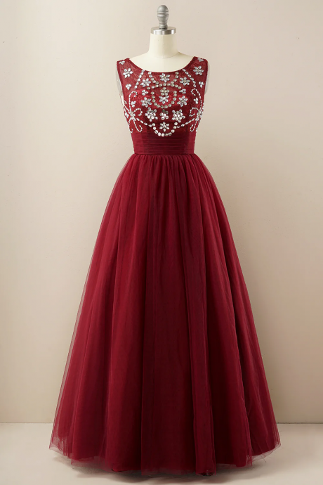 A-line Sequins Burgundy Tulle Prom Dress Evening Dress