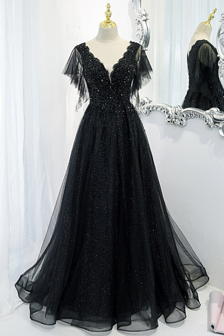 Evening Dress Black V-neck Floor-length Empire Short Sleeves Sequins A-line Beautiful Tulle Party Formal Dresses Woman
