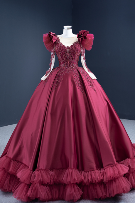 Prom Dresses,burgundy Satin Beaded Embellished Pompom French Gowns Celebration Gowns
