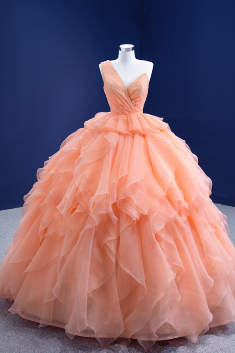 Prom Dresses,tangerine Mesh Beaded One Shoulder Gowns Birthday Party Dresses