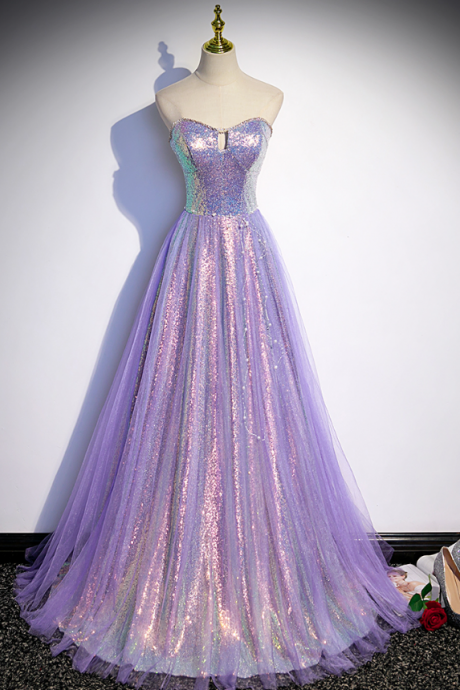 Prom Dresses,purple Strapless Sleeveless Sequins Evening Gowns Dresses Light Luxury High-end Banquet Cocktail Dresses