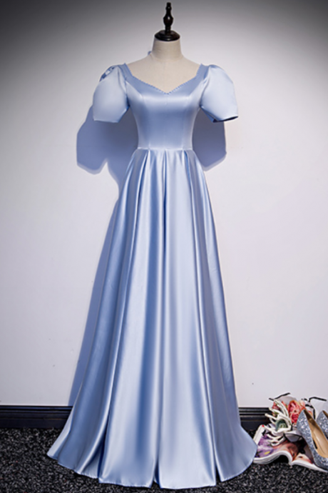 Prom Dresses,high End Noble Blue Satin Formal Gowns V-neck Stately Banquet Gowns