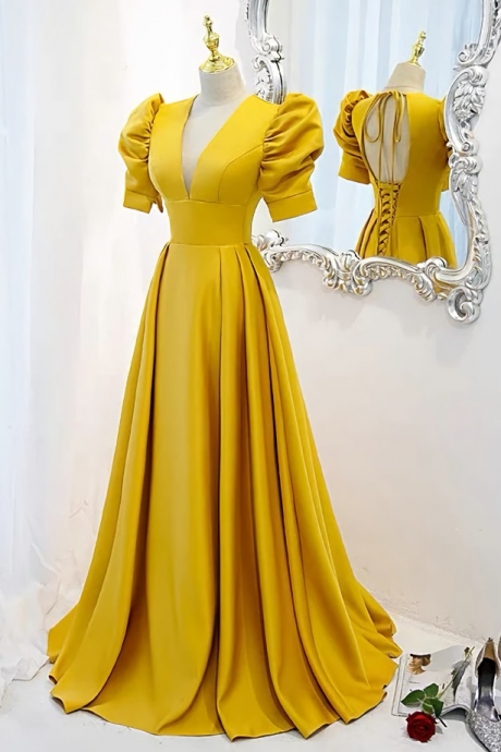 Prom Dresses,short Sleeve V-neck Yellow Satin Backless Long Formal Party Dresses