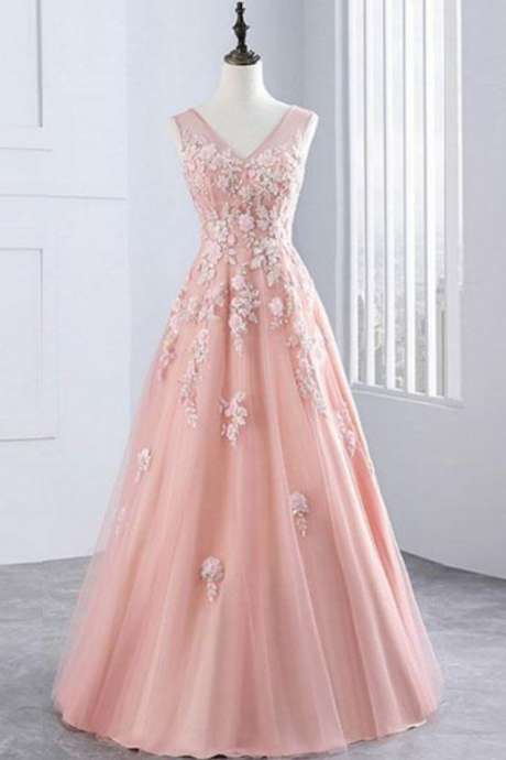Prom Dresses,pink V Neck Tulle Lace Long Pink Evening Dresses