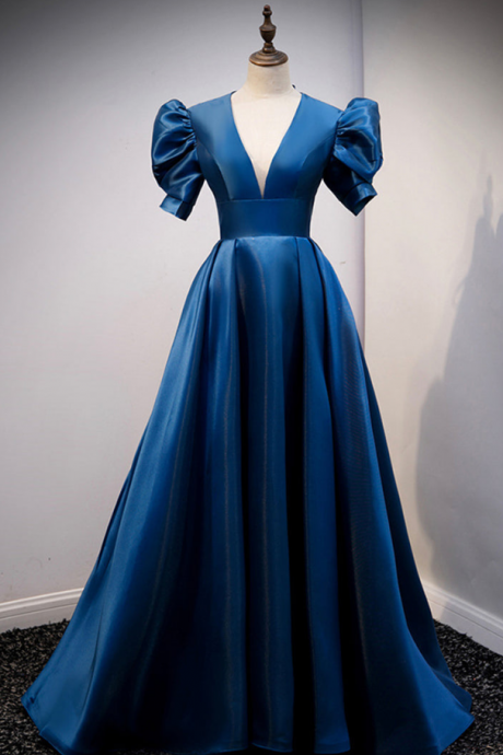 Prom Dresses,gorgeous Blue Long Deep V Neck Short Sleeve Satin Evening Gowns