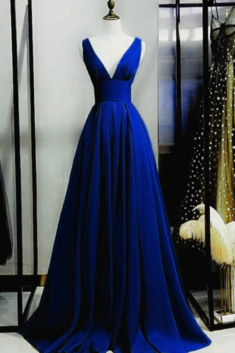 Prom Dresses,royal Blue Satin Deep V-neck Long Dance Blue Formal Evening Dress