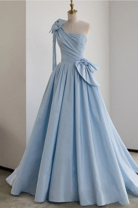 Prom Dresses,blue Satin One Shoulder Long Party Dress With Bow Blue Wedding Party Dress