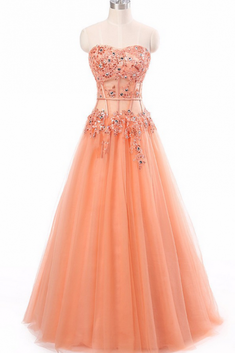 Prom Dresses,coral Beaded Embellished Floor Length Tulle Ball Gown Corset Style Heart Neckline