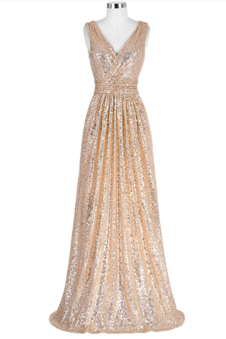 Prom Dresses,gold Sequinned Floor Length A-line Evening Dress Featuring Plunge V Bodice And Ruched Belt