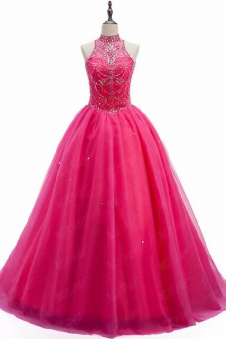 Prom Dresses,fuschia Evening Dress Pageant Dresses Halter Neck Beading Fashion Evening Gown Beading Tulle Competition Gowns