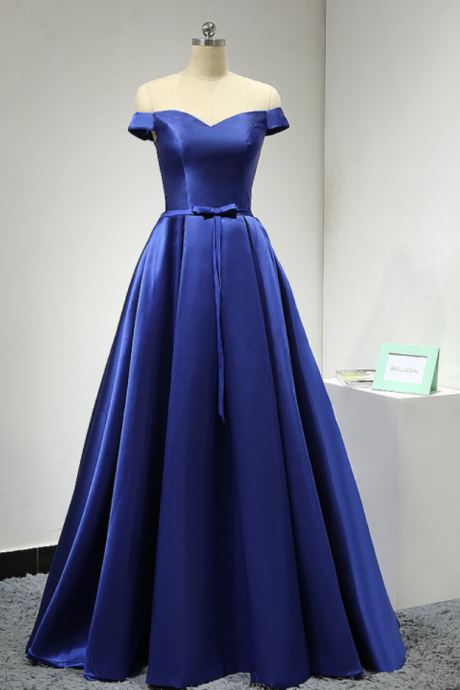 Prom Dresses,royal Blue Long Satin A-line Evening Dress Strapless Neckline Tie Back Bow Decorative Belt Business Banquet Dresses Evening Gowns