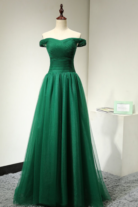 Prom Dresses,hunter Green Long Tulle A-line Evening Dress Featuring Ruched Off The Shoulder Bodice And Lace-up Back