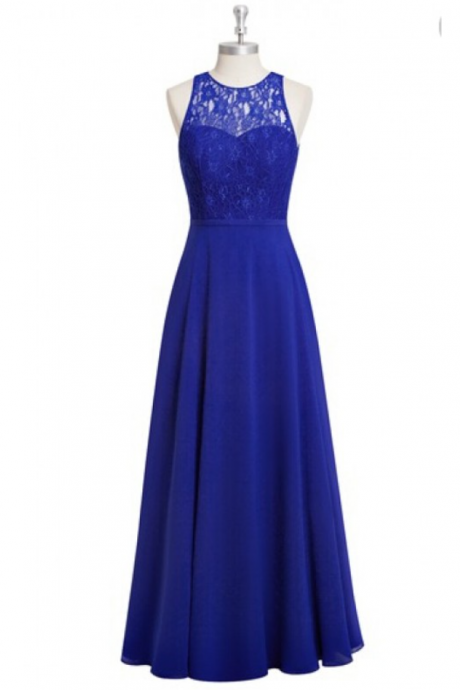 Prom Dresses,charming Sheer Neck Royal Blue Chiffon Bridesmaid Dresses Elegant Long Lace Formal Gowns Wedding Party Guest Dresses Evening Gowns