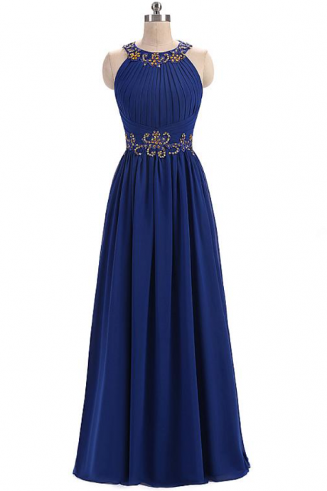 Prom Dresses,elegant Chiffon Jewel Neckline Floor-length A-line Formal Dresses With Beaded Lace Appliques