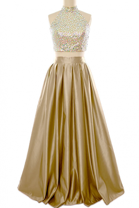 Prom Dresses,high Neck Prom Dresses Beaded Gold Two Piece Party Dresses