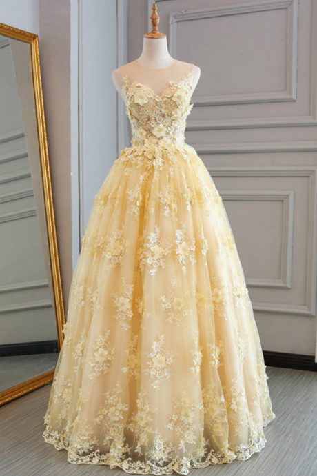 Prom Dresses,yellow A-line Long Prom Dresses, Lace Applique Evening Gowns