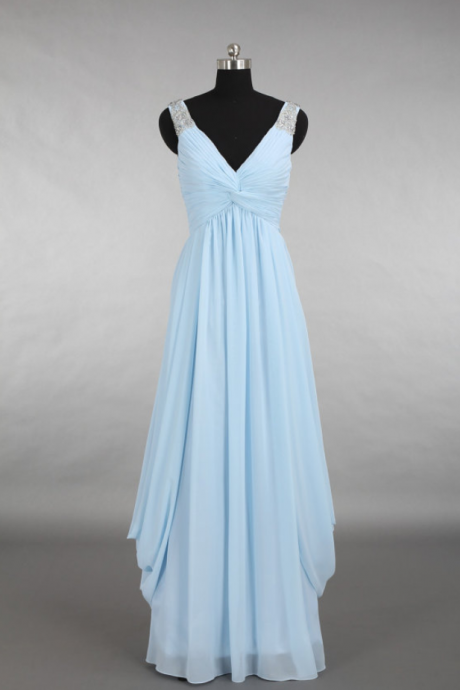Prom Dresses,high Quality Blue V-neck Chiffon Beaded Party Dresses