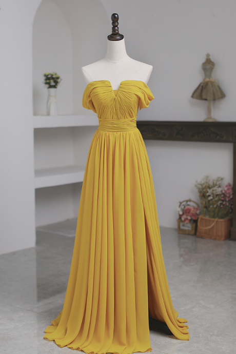 Prom Dresses,yellow Chiffon Long Gowns Strapless Folded Party Dresses