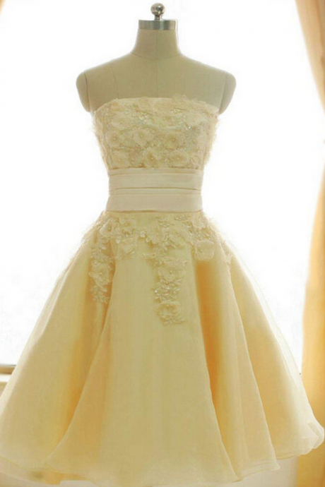 Homecoming Dresses,yellow Chiffon Sexy Strapless Lace Applique Party Dresses